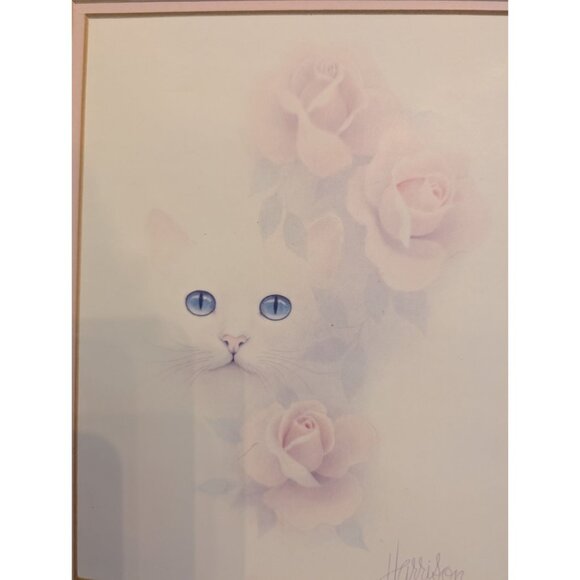 Framed Cat & Roses Print By Harrison With Light Blue Frame 11" X 9" Pastel Tones - Picture 3 of 6